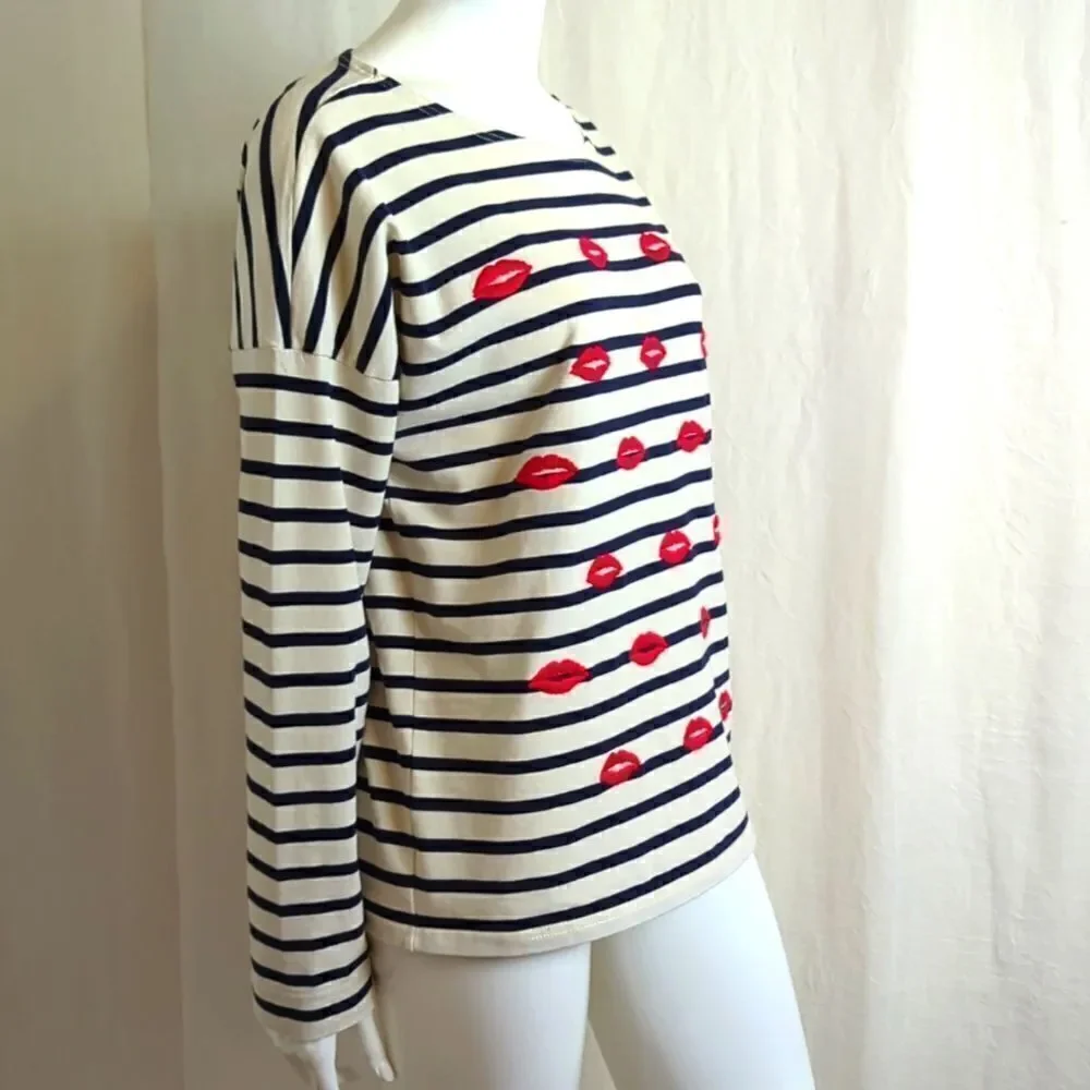 J Crew Top Size M Navy and White Stripe Embroidered Red Lips Kisses